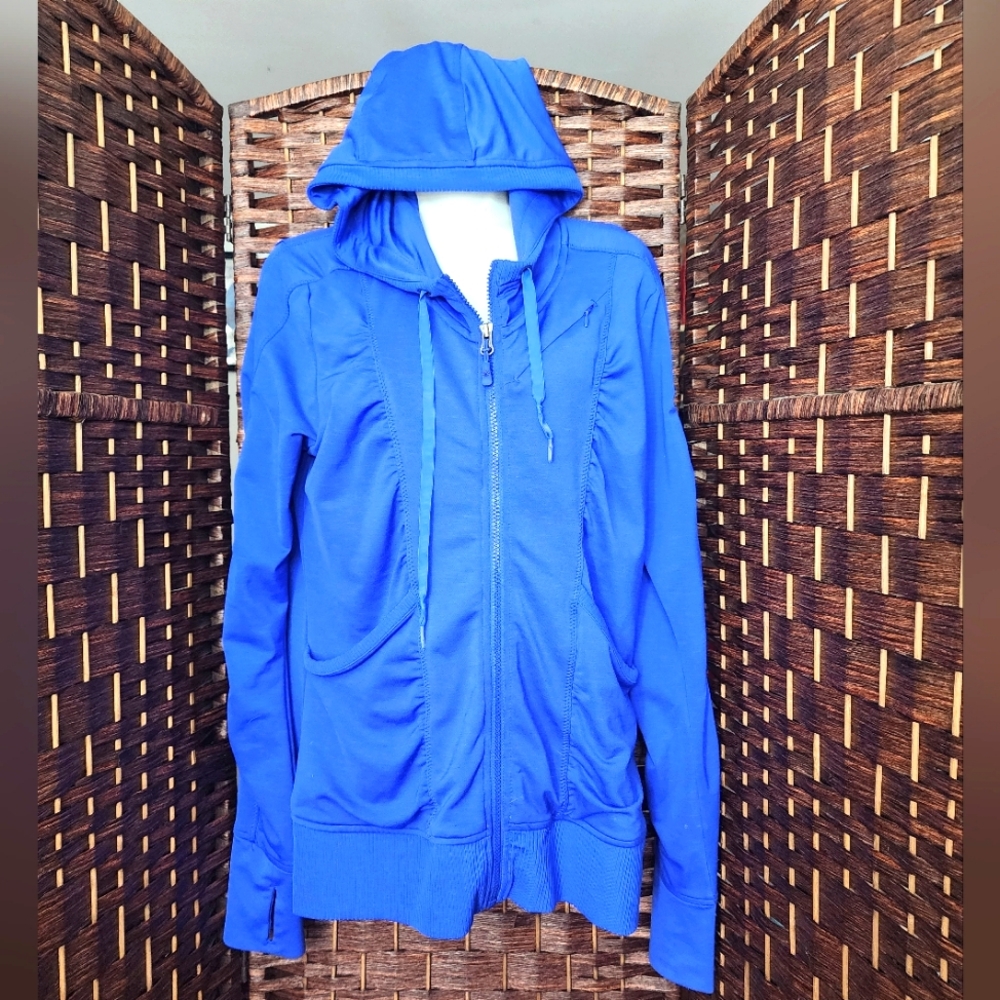 Athleta Jacket Women Medium Blue Zippy Hood Athleisure Active Yoga Gym Rusching